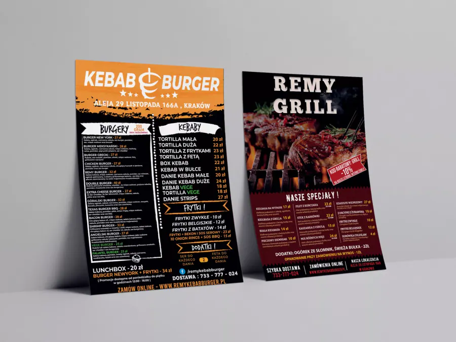 Projekt ulotki reklamowej Kraków — Grill Kebab Burger | Geometry Graphics