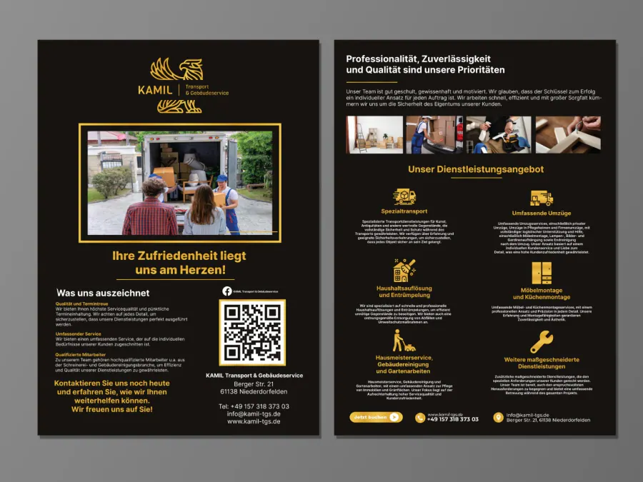 Projekt ulotki reklamowej Kraków — Kamil Transport Niemcy | Geometry Graphics