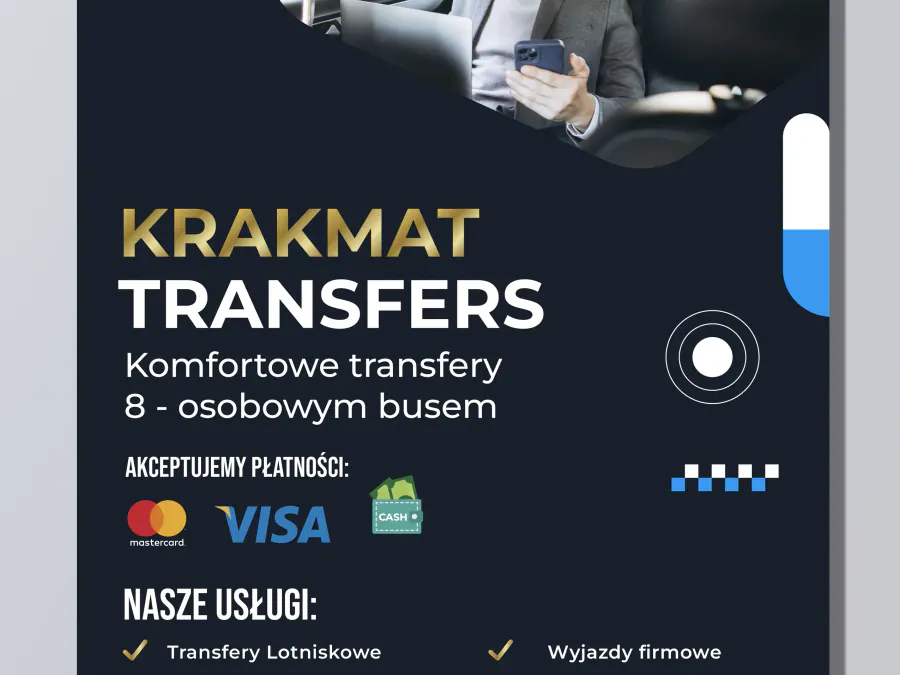 Projekt ulotki reklamowej Kraków — KrakMat Transfers Transport | Geometry Graphics
