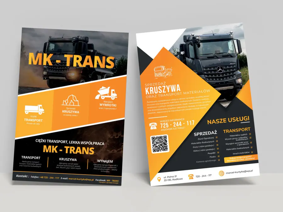 Projekt ulotki reklamowej Kraków — MK Transport Kruszyw | Geometry Graphics