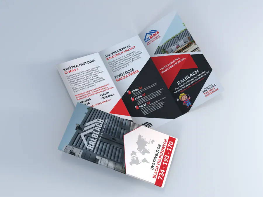 Projekt ulotki reklamowej Kraków — RalBlach Dachy | Geometry Graphics