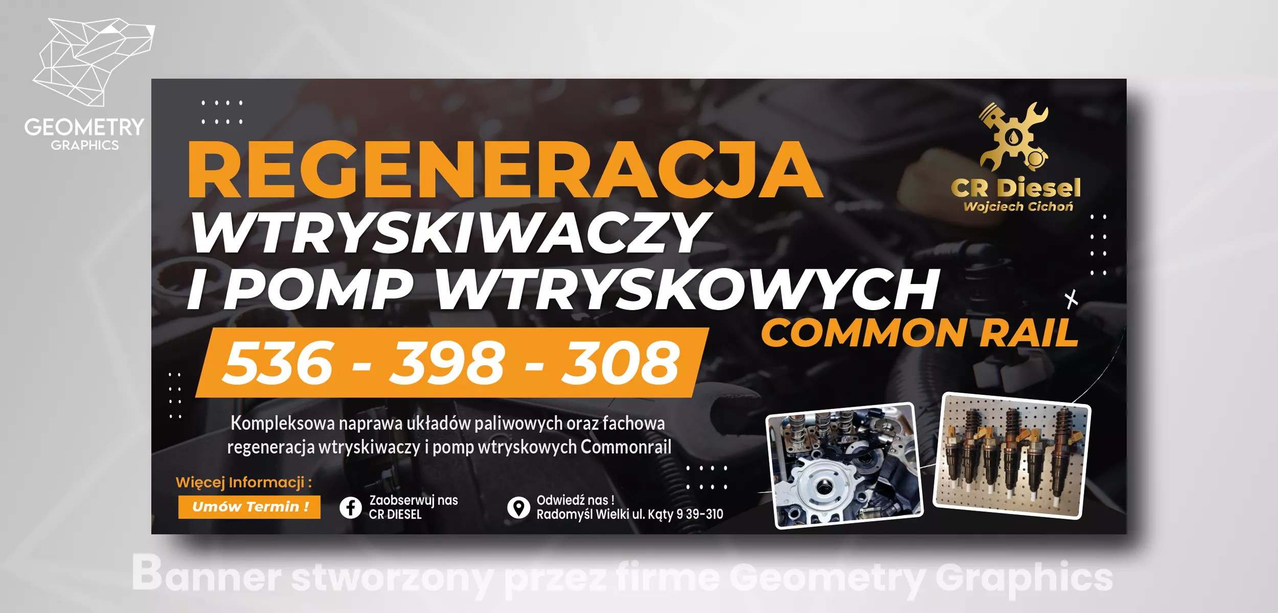 Baner reklamowy CR Diesel — regeneracja wtrysków — projekt baneru Kraków | Geometry Graphics