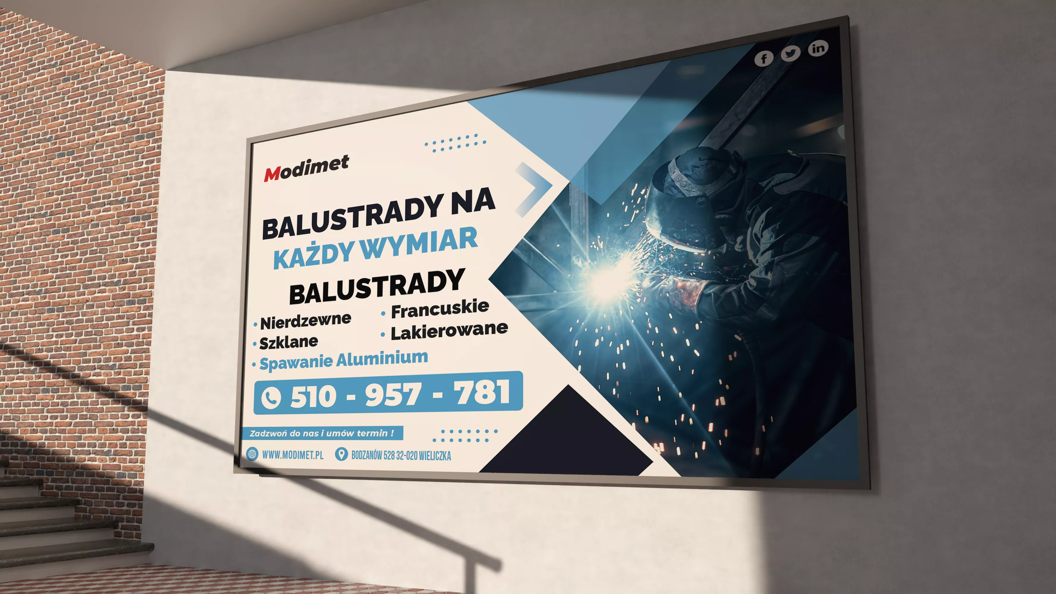 Baner reklamowy Modimet — balustrady — projekt baneru Kraków | Geometry Graphics
