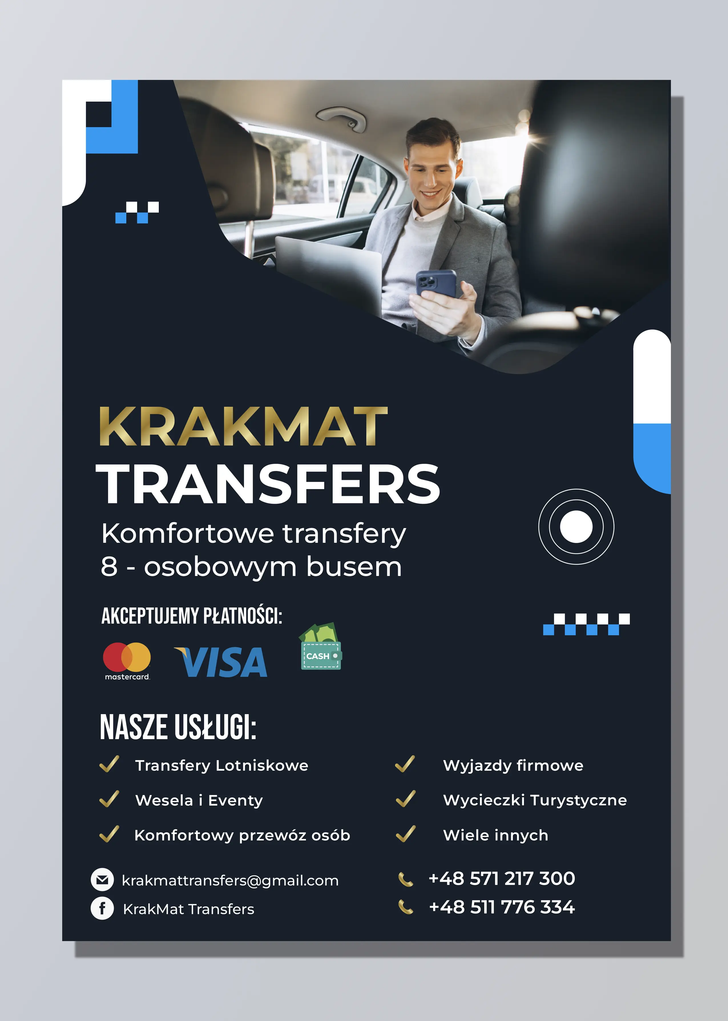 Projekt ulotki reklamowej Kraków — KrakMat Transfers Transport | Geometry Graphics