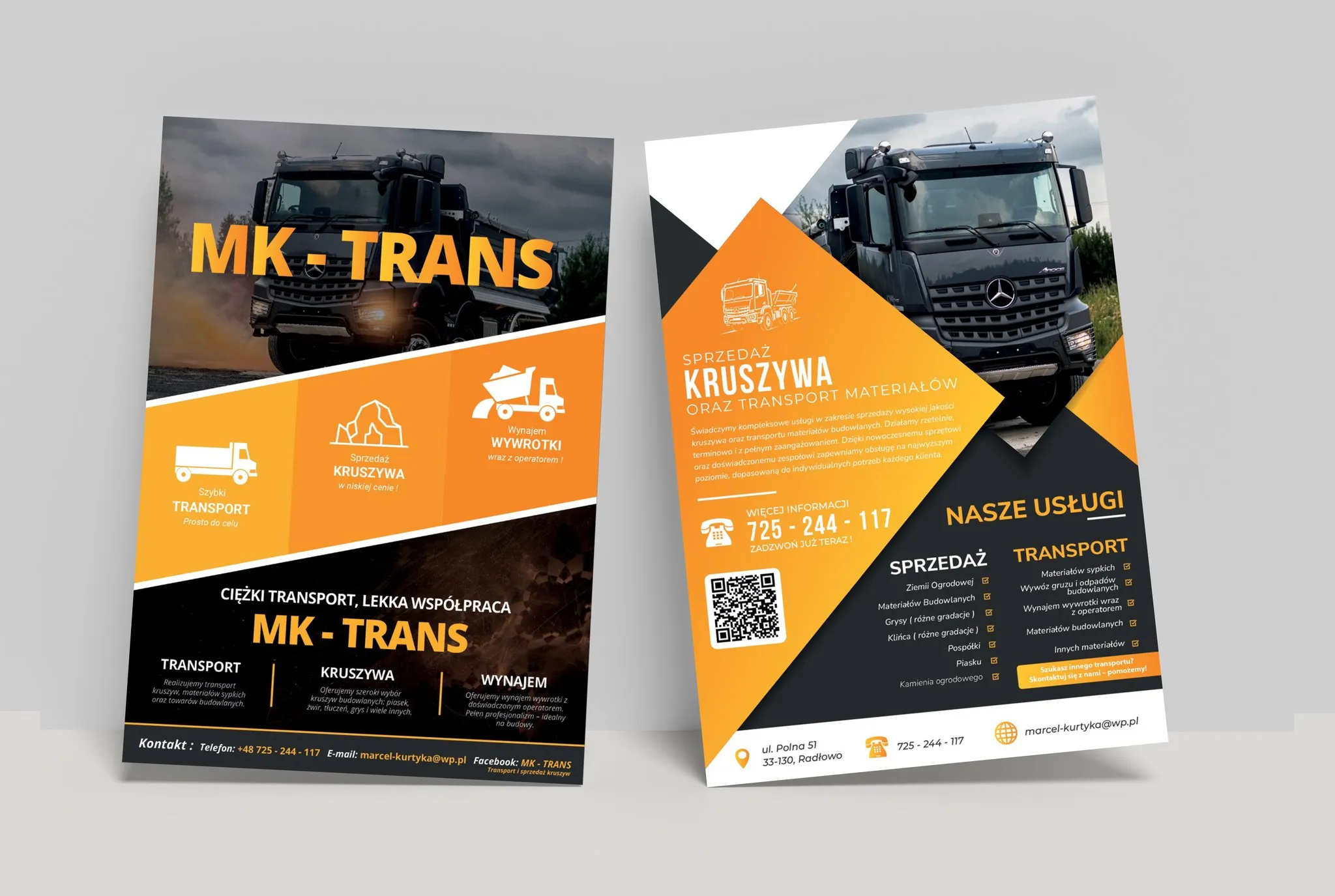 Projekt ulotki reklamowej Kraków — MK Transport Kruszyw | Geometry Graphics