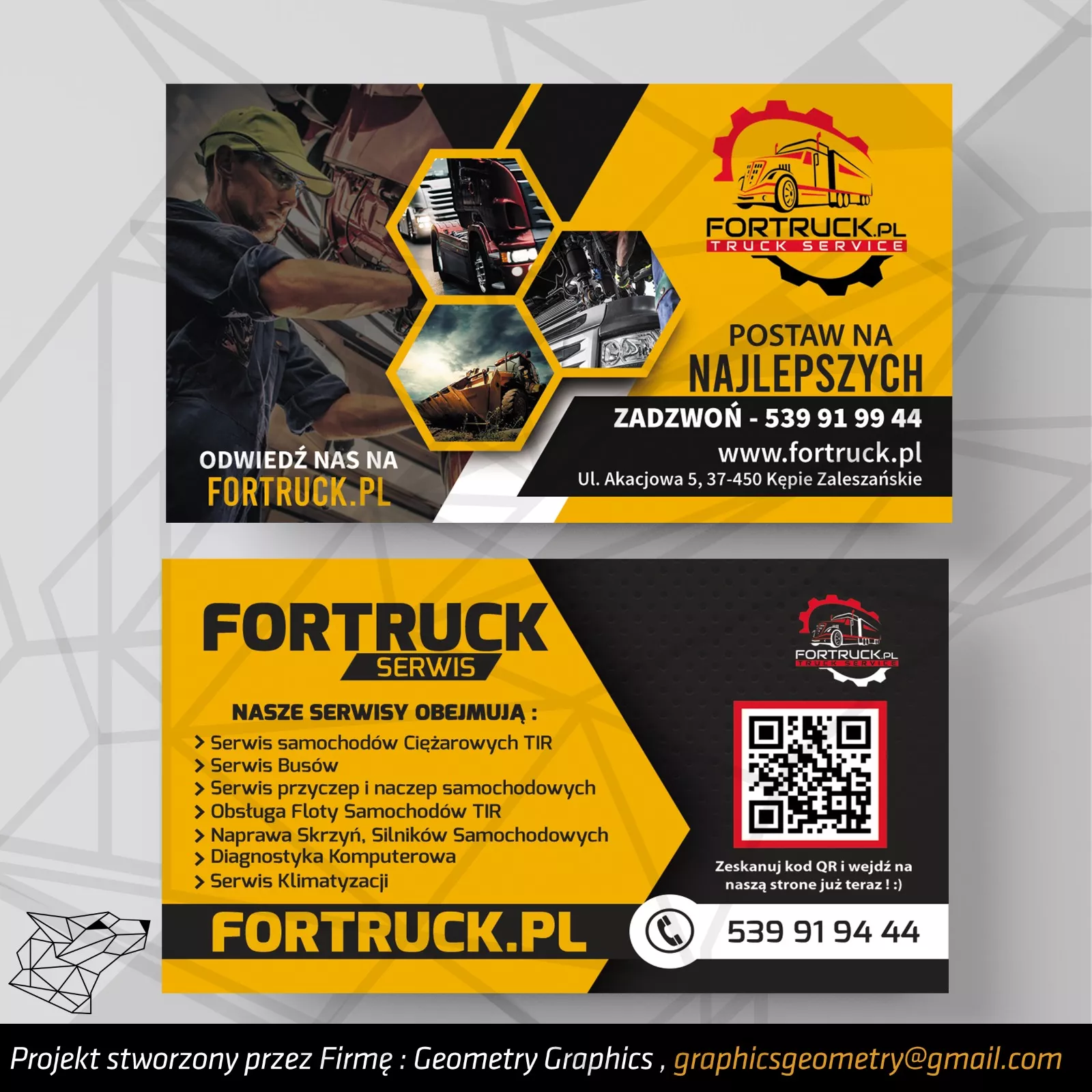Projekt wizytówki Kraków - Fortruck Serwis - Geometry Graphics