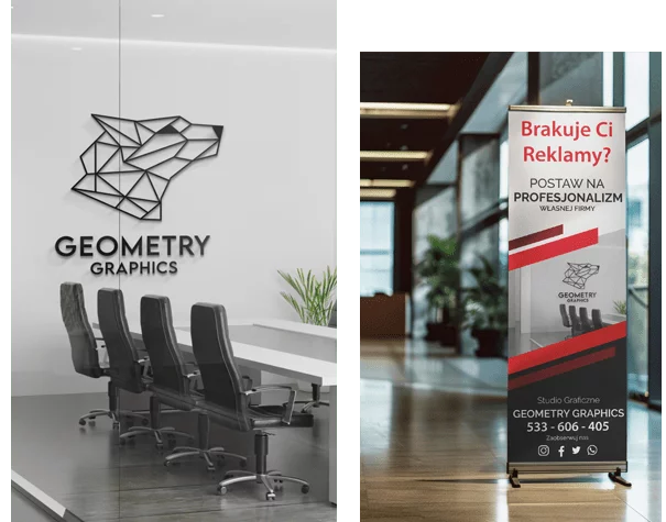 Biuro Geometry Graphics z banerem reklamowym grafika