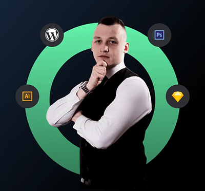 Osoba z ikonami programów projektowych grafika